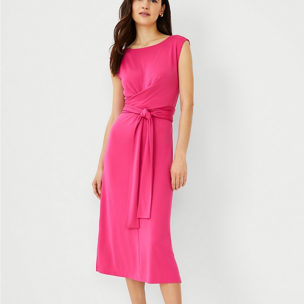 NWT Ann Taylor Cap Sleeve Tie Waist Midi Dress Size 4 Pink Flare